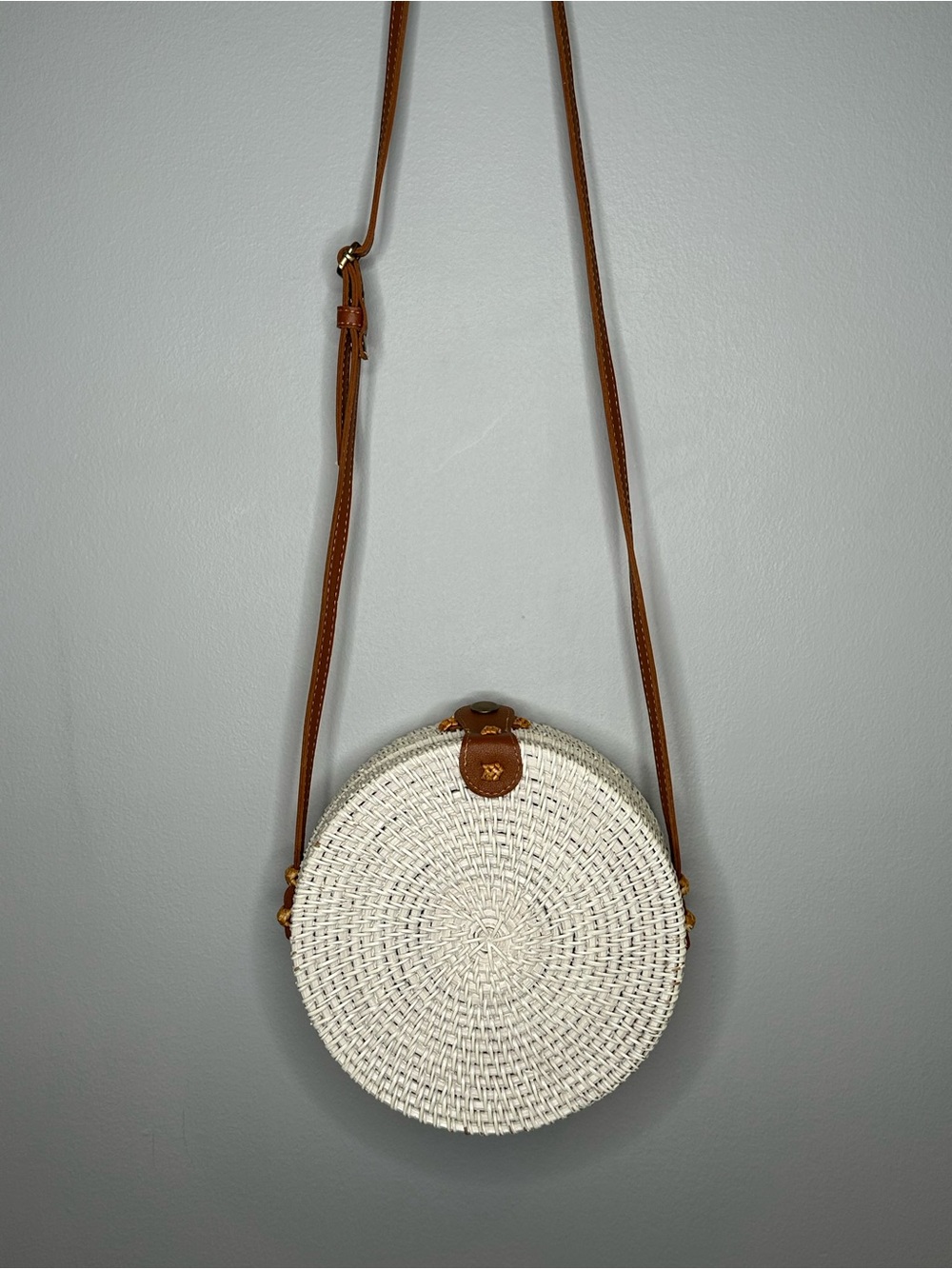 Round Woven Crossbody Bag in White with Brown Strap